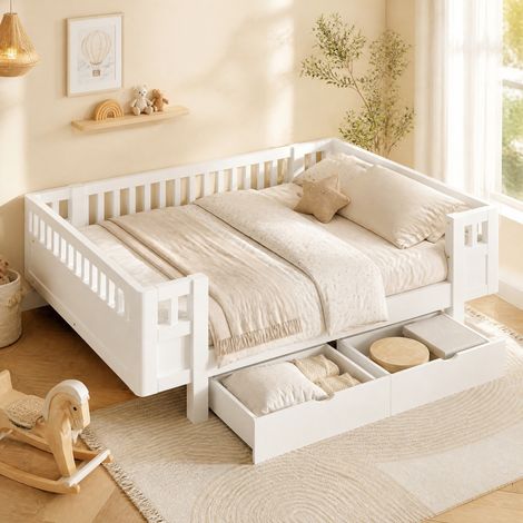 Letto a piattaforma 140 x 200 cm bianco con sponda alta di sicurezza e 2 cassetti (1/5)