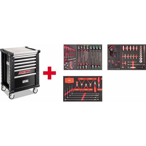 Chariot USAG 519 RS6/3NMA avec assortiment de réparation automobile MAA 495 (155 pièces) (1/3)