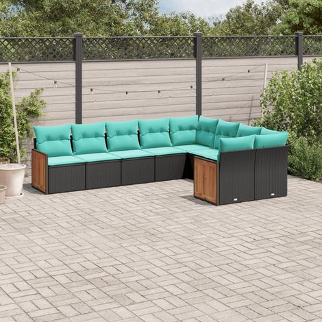 9-teiliges Gartensofa-Set mit Kissen, schwarzes Polyrattan (1/5)