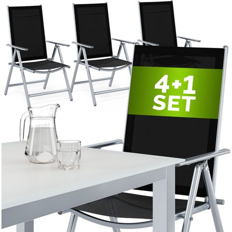 Casaria Salon de jardin aluminium »Bern« 1 table 4 chaises pliantes différentes couleurs plateau de table en verre dépoli dossier réglable 8 positions Argent (1/5)
