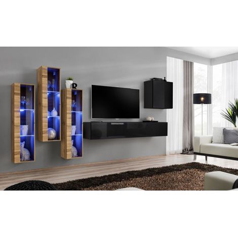 Ensemble mural - Switch XIII - 3 vitrines LED - 1 banc TV - 1 vitrine carrée - Bois et noir - Modèle 1 - Livraison gratuite