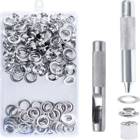 100pcs Kit de Grommets Eyelets Outils, 10mm Oeillets pour Baches, Trousse à Oeillets, Grommet Kit avec 3 Pièces Outil, Oeillets pour Bâche, Chaussures, Vêtements, Tentes (1/5)