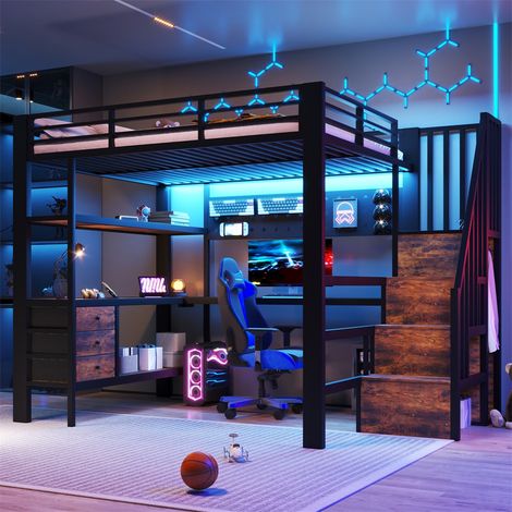 Lit Mezzanine 140x200cm - Lit Enfant en Métal avec Bureau, Escalier de Rangement, Prise USB, LED et Panneau Perforé - Noir (1/5)