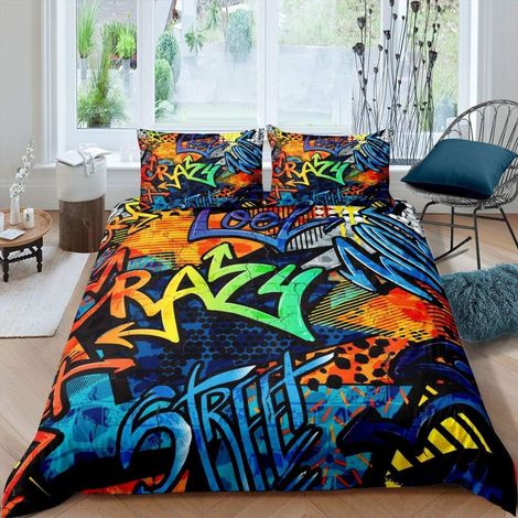 Housse de Couette 220x240cm Adolescent Enfants Parure de Lit Garçon Fille Graffiti Motif Literie Set Street Culture Série 3 pièces (1/4)