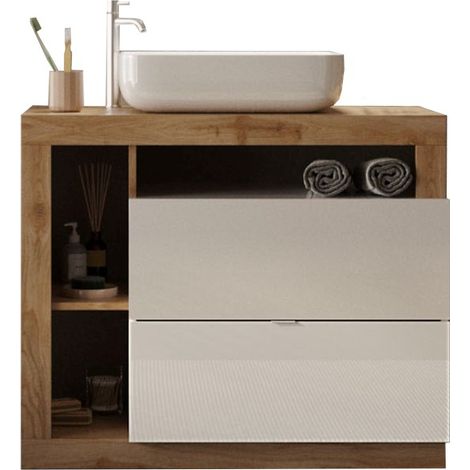 Mobile da bagno con lavabo e cassetti, lunghezza 79 cm, collezione BURA, bianco lucido/quercia chiara (1/4)