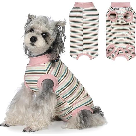 Striped Dog Body Recovery Suit Elastic Cotton Soft Body Post-Surgery Female Male Shirt Puppy Alternative Cone Protector Wound Protector Pink-Green M (1/5)
