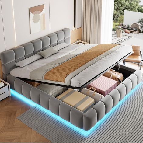 Lit coffre 180x200 cm en velours gris, gain de place chambre adulte, sans matelas FloraGrace (1/5)