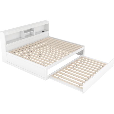 Canapé-lit, lit de jour, lit de repos, 140200cm, avec éclairage LED, rangement latéral, lit gigogne, prise + USB, sans matelas, blanc (1/5)