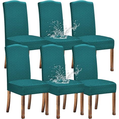 Housses de chaise de salle à manger jacquard extensibles imperméables motif géométrique lot de 6 vert paon (1/5)