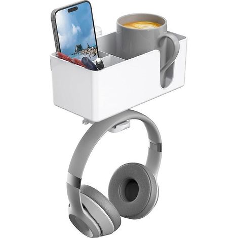 Porte-gobelet de bureau 4 en 1 - Support de casque à pince sous le bureau - Support de casque rotatif - Porte-stylo amovible (blanc) (1/5)