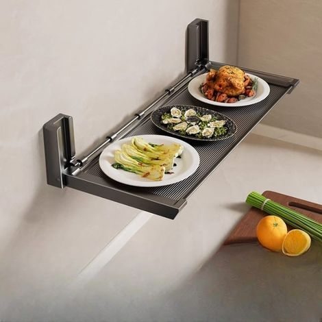 Etagère de préparation des légumes de cuisine sans trous Etagère murale pliable à plusieurs niveaux+5 crochets Gris foncé 48188 cm (1/5)