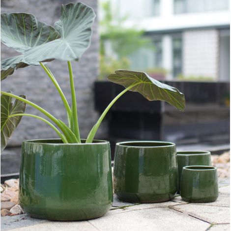 Lot de 4 pots de fleurs en céramique Ø33/26/20/15 cm vert foncé, gain de place jardin FloraGrace (1/5)