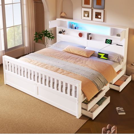 Cama doble con almacenaje LED y cajones blanca OKMYHOME (1/5)