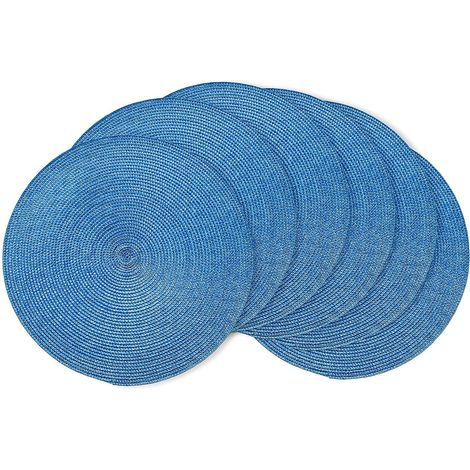 Sets de table ronds tressés de 38 cm (15 pouces) pour tables à manger, sets de table tissés résistants à la chaleur, lot de 6 (bleu ciel) (1/5)