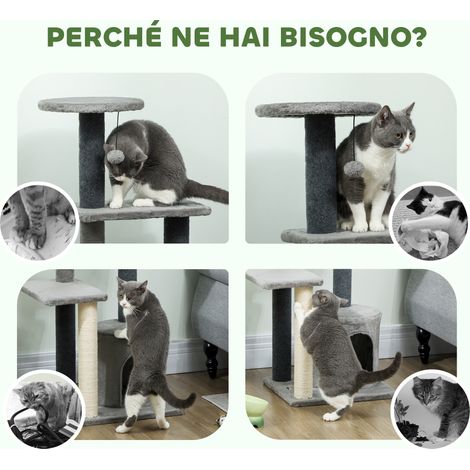 Arbre à chat 103 cm, griffoir en sisal multi-niveaux avec cabane et balle en peluche, gris.