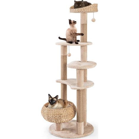 COSTWAY Arbre a Chat Bois 164 cm, Arbre a Chat Design, 3 Griffoirs Chat en Jute, 5 Plateformes, Quenouille Tressée, Arbre à Chat XXL, Coussins Amovible, 2 Pompons, Tour pour Chat à 6 Étages (1/5)