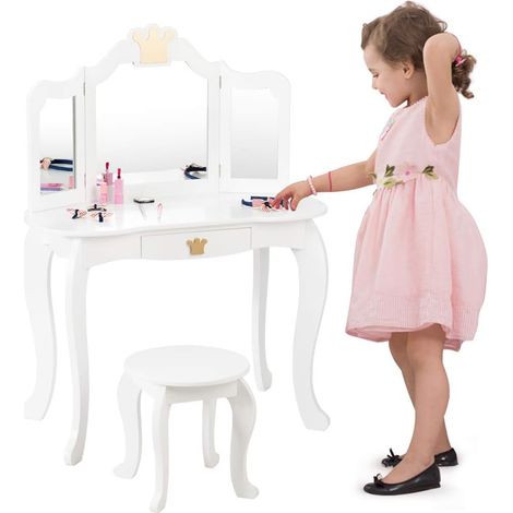 COSTWAY Set Toeletta Trucco e Sedia per Bambine - Smontabile Specchio e Cassetto, Toletta Trucco 2 in 1, 80 x 42 x 105 cm, Bianco (1/5)