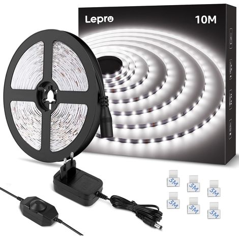 LED Strip 10 m Cool White 6000K Dimmable 2000lm 18W 420 LEDs 2835, with dimmer and 24V adapter included, self-adhesive, for dressing room, furniture, staircase (1/5)