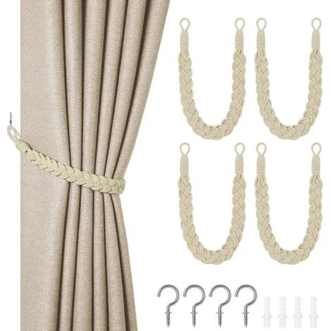 Attaches de rideaux tissées à la main, 4 pièces beiges, en corde tricotée, accessoires pour décoration intérieure - Blanc, Lot de 4 (1/5)