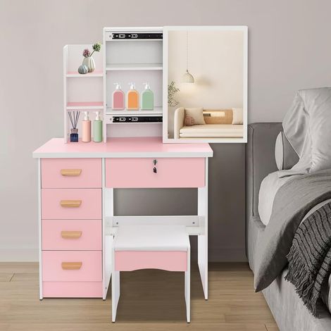 Schminktisch mit Schiebespiegel und Hocker Schminktische Dressing Table, 80×35×128cm, 5 Schubladen für Schlafzimmer Wohnzimmer, kann als Schminktisch, Schreibtisch, Nachttisch (Rosa+Weiß) (1/5)
