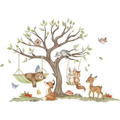 Stickers Muraux Animaux Foret Arbre Autocollants Muraux Mural Stickers Enfants Cerf Renard Pin pour Chambre Enfants Bébé Pépinière (1/5)