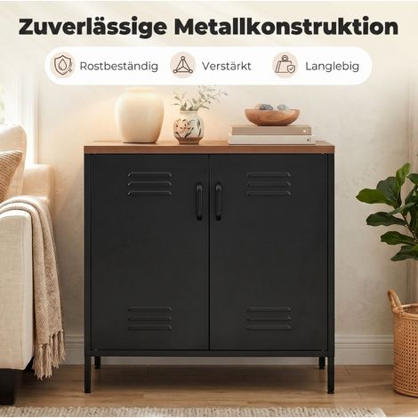 Industrie-Sideboard 80 x 40 x 80 cm aus schwarzem Metall mit Holzoptik-Platte, 2 Türen – MEUBLIV (1/5)