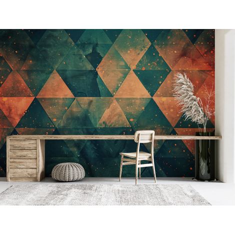 Papier peint géométrique - triangles imbriqués orange et vert sombre - 150 x 250 cm (1/2)
