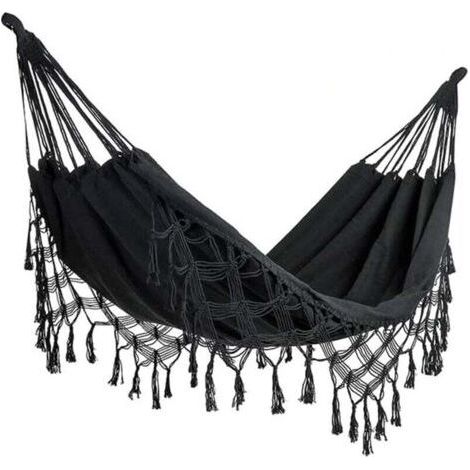 Soft cotton double hammock for two people, ideal for home or outdoor (indoor/outdoor), patio, garden, porch, lawn and yard. Black. Maximum load: 227k (1/4)