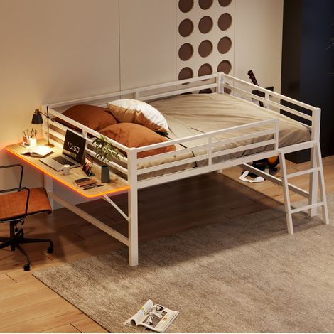 MEUBLIV Cama alta 140x200 cm blanca – con escritorio LED, sin colchón (1/5)