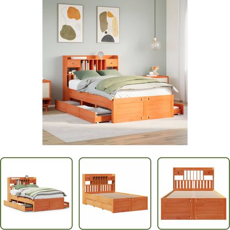 Sommier à lattes - Lit bibliothèque sans matelas cire marron 135x190 cm pin massif (1/5)