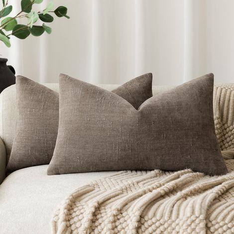 Lot de 2 housses de coussin décoratives, douces et texturées avec fermeture éclair, couleur unie, style champêtre, pour canapé, fauteuil, chambre, salon, lombaires, 30 x 50 cm, taupe (1/5)