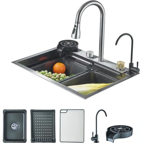 Evier de Cuisine Noir Acier Inoxydable Evier de Cuisine Nano Raindance gris 1 Bac avec Robinet Extensible Set de Robinetterie Machine à Laver Les Tasses Planche à Découper Eau Pure (60  45  21 cm)
