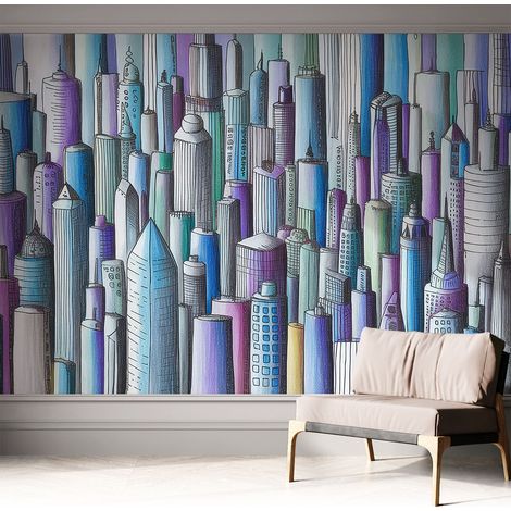 Papier peint autocollant adhésif avec imprimé motifs uniques apparence moderne Gratte-ciel urbains 312x219 cm (1/5)