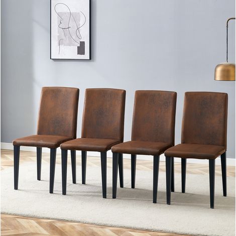Lote de 4 sillas de comedor, en tela efecto gamuza y metal, con respaldo, estilo moderno, marrón y negro (1/5)