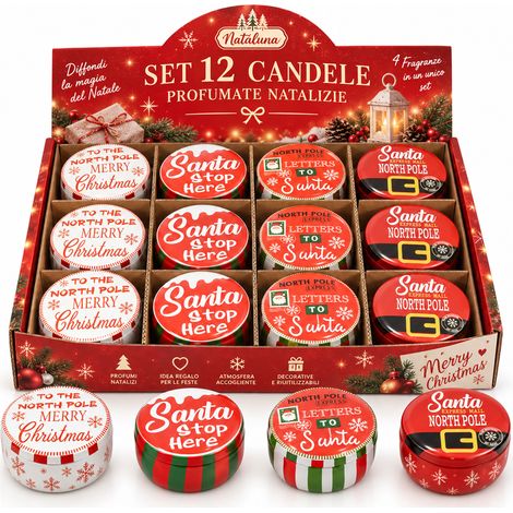 Set 12 Candele in Latta Natalizie Profumate Box Natale 4 Fragranze Assortite (1/5)