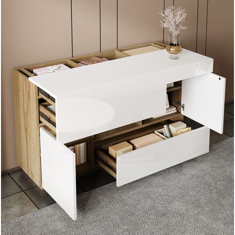 Aparador (120x37x76.5 cm), con 2 cajones, 2 puertas, hueco abierto, LED 16 colores, aglomerado blanco (1/5)