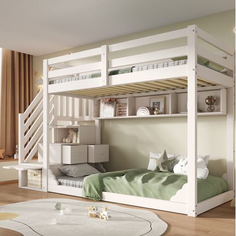 Kinder-Etagenbett 90 x 200 cm mit Stauraumtreppe und Ablagen, weiß HAVRYA (1/5)