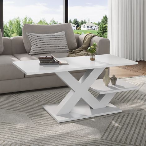 Table basse rectangulaire blanche 100x48x45 cm avec double plateau brillant, pieds géométriques en X, MDF salon (1/5)