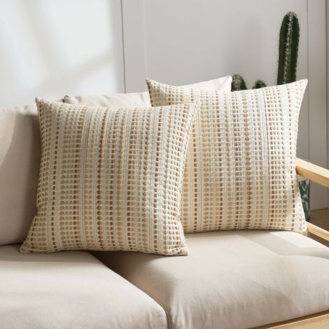 Housse de Coussin en Chenille à Rayures Style Boho, 50x50cm Beige, Housse Décorative Douce pour Canapé Lit et Salon Style Ferme (Sans coussin) (1/5)