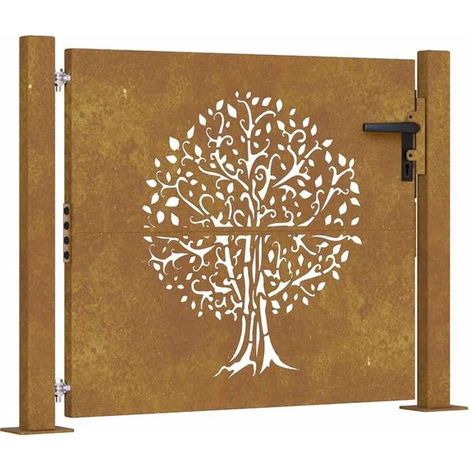 Le portail de jardin, mesurant 100x75 cm, est en acier Corten et décoré d'un motif d'arbre.