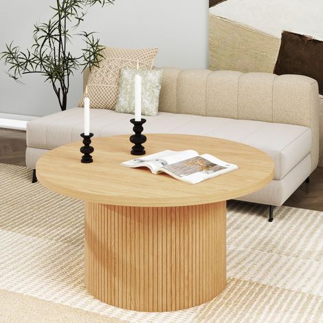Tavolino da caffè 90x90x45 cm, Rotondo, Design con Base a Strisce, in Legno, Naturale, per Soggiorno e Camera (1/4)