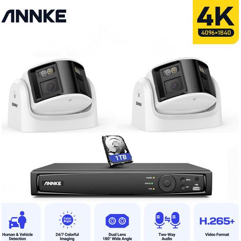 ANNKE 8MP PoE kit de vidéosurveillance 2 × 4K caméra 180 ° panoramique double objectif H.265 + 2 voies audio vidéo caméra de surveillance système de caméra de sécurité - Disque dur 1 To (1/5)