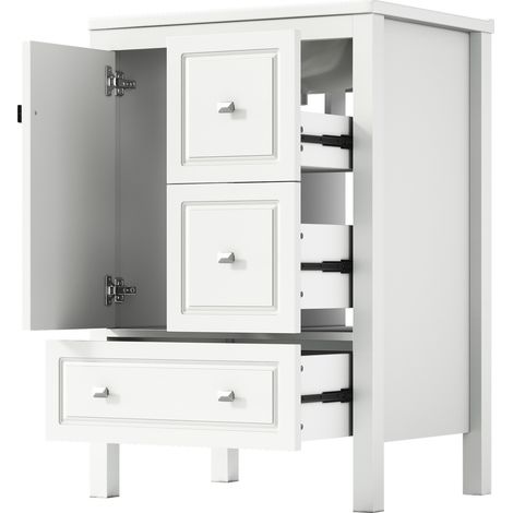 Meuble de salle de bain sur pied avec lavabo en céramique, 62x47x90 cm, surface laquée blanche, grand espace de rangement (1/5)