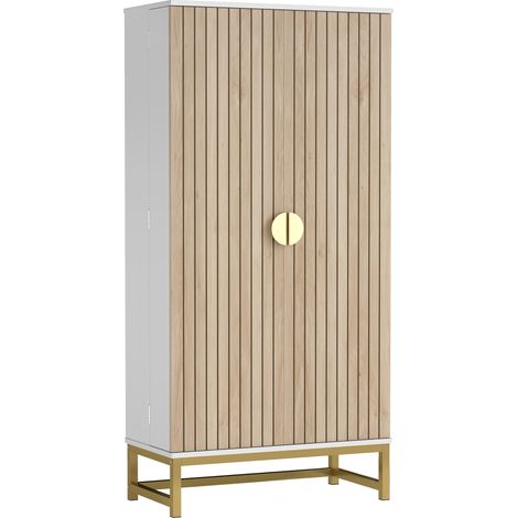 Armoire Novyra design cuisine 2 portes rangement élégant effet bois acier doré blanc (1/5)