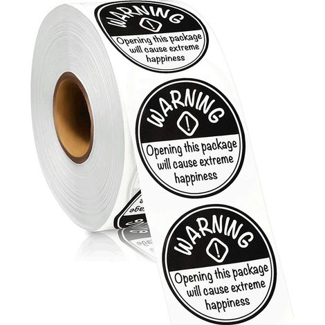 Autocollant Avertissement Bonheur - Rond 38 mm - Noir et Blanc - Papier Brillant - Pour Colis et Cadeaux - Lot de 500 (1/5)