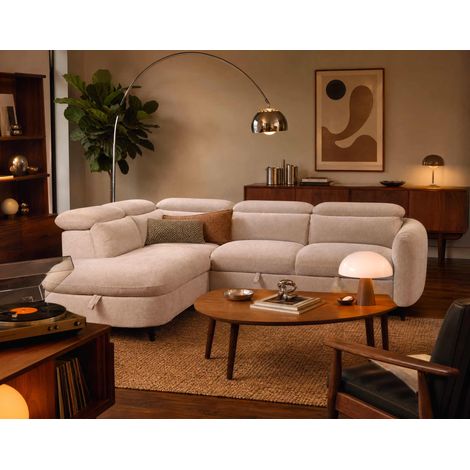 Opaline - canapé d'angle gauche 5 places convertible avec têtières et coffre en tissu texturé - beige (1/5)