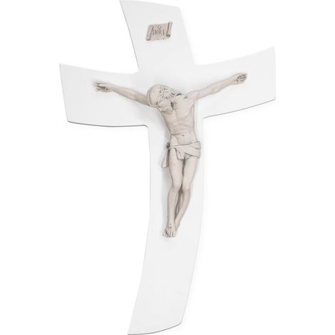 Crocefisso parete Moderno Legno Croce stilizzata BIANCA con corpo scultoreo Grigio con scatola 18x28 cm (1/4)