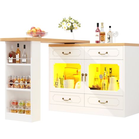 CHICFURN Mesa de bar extensible 203x39x92,8 cm en MDF blanco, giratoria 360° con LED (1/5)