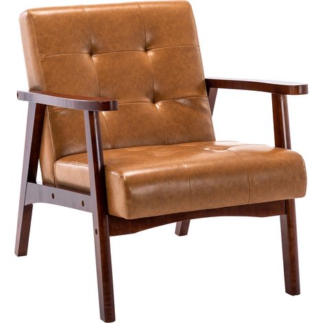 Fauteuil en bois au design scandinave et cuir Caramel-L 67 x L 76 x H 76 cm (1/5)