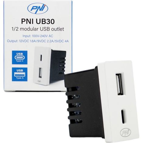 Prise d'alimentation - PNI UB30 - 2 x USB - 20W - Type F 1/2 - Encastrable (1/4)